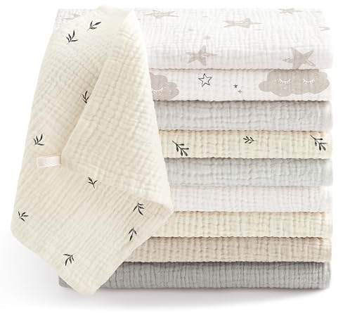 bearmoss Muslin Squares Cloths 100% Cotton Baby Burp Cloth 25x25CM Large Ultra-Absorbent Burp Cloth Soft Baby Face Towel for Newborn Baby Boy and Girl, 10Pack (Neutral)