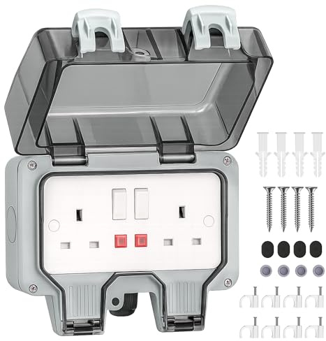 Desiretech Outdoor Double Switched Socket – IP66 Waterproof & Dustproof Socket – 2 Gang Plug with LED Indicators – High Impact PC Housing – Weatherproof Power Outlet for Sheds & Garages