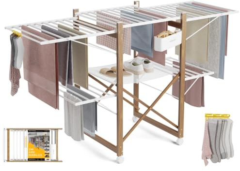 Newlux - Tendedero Plegable con Alas 30m XXL Wood V35, 3 Niveles (176x61x104cm). Tenderete de Ropa Plegable con Ruedas, Accesorio para Ropa Delicada y Pinzas, Ganchos Laterales, Blanco