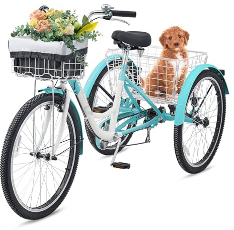 VIRIBUS Tricycle for Adults, Adult Tricycles for Women Men Seniors with Front and Rear Removable Wheeled Baskets, 3 Wheel Bikes, Heavy Duty Three Wheel Trike 7 Speed 24 inch Aqua, 400 lb. Capacity