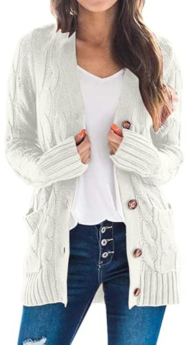 Generisch Maglione da donna in cashmere, open Front Button Down Cardigan con tasche, a maniche lunghe Cozy Knit Tops for Fall Winter, bianco, S