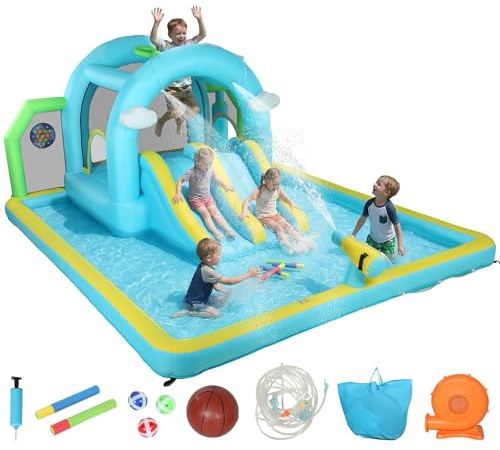 AIYAPLAY Castillo Hinchable Grande Acuático 7 en 1 con Soplador 450W Hinchable para Niños con Tobogán Seco/Agua, Trampolín, Piscina, Canasta, Columna de Boxeo Exterior/Interior 3-8 Años 426x360x198 cm