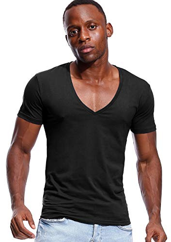 Deep V Neck T Shirt for Men Low Cut Stretch Tee Vee Top Short Sleeve Black M