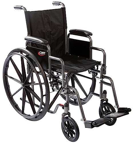 Carex Wheelchair with Large 18” Padded Seat - Wheel Chair with Adjustable and Removable Swing-Away Footrests - Folding Chair for Compact Storage, 250lb Capacity, Black