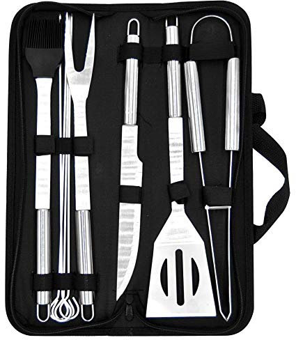 Orion Grillbesteck Grillset 9-teilig Grillzange, Grillwender, Fleischgabel, Grillspachtel, Grillpinsel + Doppelspieße 4 Stück | mit Langen Griffen Aufhänge-Ösen
