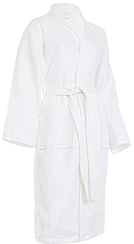 Brandsseller Badrock för kvinnor och män, bomull, unisex, lätt morgonrock, våffelpiké, Vit, M