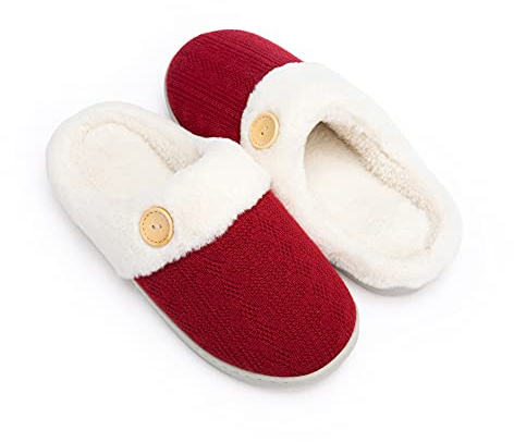 Chantomoo kvinnor hus tofflor bekväm minnesskum plysch sovrum fuskpäls fodrade stickade varma tofflor slip-on lätta skor, inomhus utomhus halkfri gummisula mysig, röd, 40/41 EU
