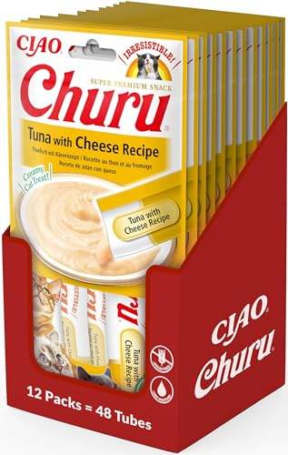 INABA Churu Püree Katzen-Leckerli - Katzenpaste zum Füttern aus der Hand - Katzensticks mit Thunfisch & Käse - 12 Packung / 48 Sticks