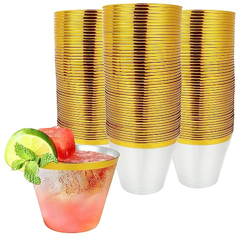 100 Stück Plastikbecher mit Goldrand 270ml Mehrweg Durchsichtiger Partybecher Wiederverwendbarer Transparenter Trinkbecher Elegante Kunststoffbecher Weingläser für Party, Geburtstag, Hochzeit, Camping