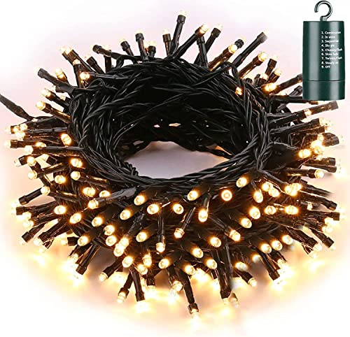 Qedertek Luci Natalizie a Batteria da Esterno, Catena Luminosa 10M 100 LED, Cavo Verde Scuro, con Gancio, Luci Bianco Caldo per Addobbi Natalizi, Impermeabile per Albero di Natale