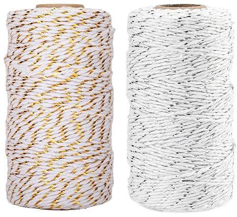 KINGLAKE 2x100m White Cotton String with Gold/Silver Twine, 2mm Christmas String for Gift Wrapping, Glitter Metallic Bakers Twine for Crafts Xmas Decoration Hanging Baubles