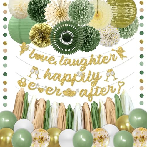 Sage Green Wedding Party Decorations, Bridal Shower Decorations Include Wedding Banner Lanterns for Just Married Bachelorette Bride To Be Party Supplies