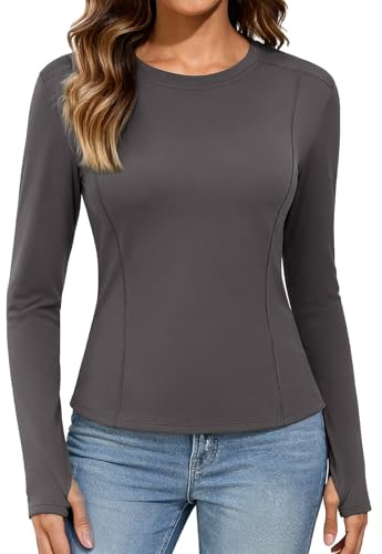 Niwicee Thermal Tops Womens Crew Neck Base Layer Long Sleeve Top with Thumb Hole Fleece Lined Crop Tops Underwear T Shirt for Sport Running Ski Yoga Workout(Grey,M)