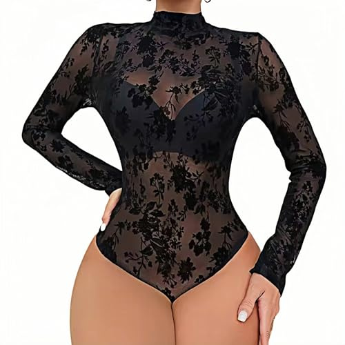 ROSVAJFY Body Pizzo Donna Maniche Lunghe Bodys in Tulle Trasparente Buona Elasticità Body Sottogiacca Donna Elegante Rave Outfit Mesh Bodys con 3 Bottoni sul Cavallo per Bar Club Discoteca (Nero, S)