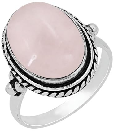 Natural Rose Quartz Ring for Women - Pink Stone January Birthstone Bohemian Oval Shape Gemstone Solitaire Ring Size 6.5 - Handmade Jewelry Valentine's Day Gift for Her