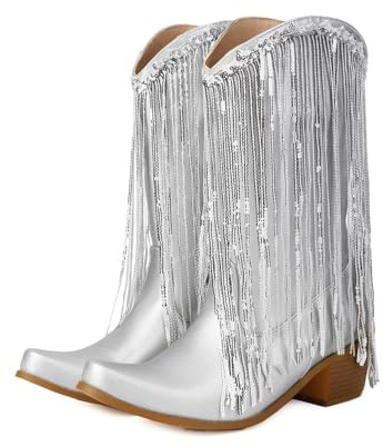 TNMIUH Mujer Botas Vaqueras con Flecos Metálicos, Dorado y Plata, Estilo Occidental Botas de Vaquero para Mujer, Altura Media, 5cm Tacón Cuadrado,Fiesta,Plata,38 EU