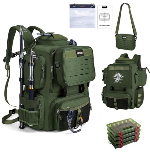 Goture 58L Fishing Tackle Backpack with 4 Tackle Boxes, Detachable Crossbody Bag, 900D Water-Resistant Fishing Bag with Rod Holders, 8 Lure Pockets, Bottle Holder for Camping Hiking Green