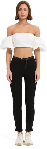GLOWELFA Pantalon Noir Femme Taille Haute Coupe Droite Slim Stretch Cigarette à Taille Élastique Chic et Élégant pour Le Travail(07122,TTG,Noir)