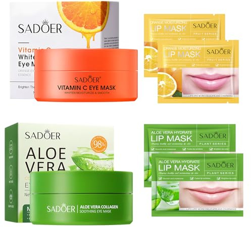 124 Pezzi Aloe Vera Maschera Occhi e Lip Masks, Vitamina C Patch Occhi e Maschera per le Labbra, Pach occhi per Borse e Occhiaie, per Ridurre le Rughe e il Gonfiore, Contorno Idratante