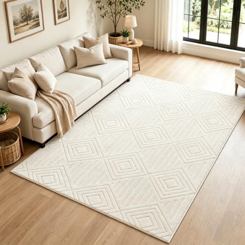 Capslpad Tappeto per soggiorno, 120 x 180 cm, grande, a pelo corto, lavabile, effetto 3D, soffice, antiscivolo, per cameretta dei bambini, sala da pranzo, cucina, camera da letto, crema