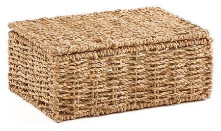 Gatarn Seagrass Storage Boxes with Lids | Handwoven Wicker Style Storage Baskets | Nesting Shelf Storage Hamper Organiser for Bathroom, Bedroom, Kitchen & Home Office (Medium)