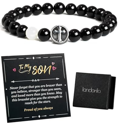 Landorilo Cadeau Homme - Bracelet Croix Pierre Naturelle 8mm Tourmaline Noire, Bijou Fait Main avec Carte - Cadeau Personnalisé pour Fils, Mari, Papa (To My Son-19cm)