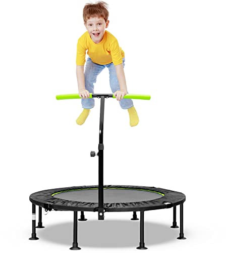 COSTWAY 45 Mini Trampoline, Foldable Fitness Bouncer with Height Adjustable Handrail and Safety Pad, Indoor Aerobic Workout Rebounder for Kids Adults (Green+Black)