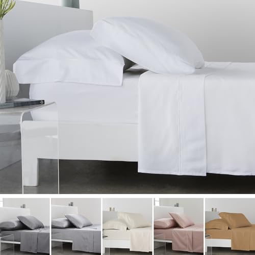 COTTON ARTean Juego de sabanas 90x190 / 200 Saten Algodon Egipcio DE 300 Hilos LEUNA Blanco Juego Cama 90 + 1 Funda de Almohada + sábana Bajera Ajustable. 100% Algodon Egipcio Blanco.