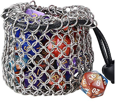YOUSHARES Drawstring Game Würfeltasche - Edelstahl Kettenhemd DND Würfelbeutel für Metall Polyedrische D&D Würfel Set