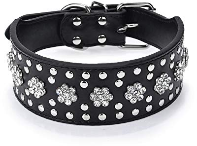 haoyueer Strass hundhalsband blommönster strass dubbat läder glittrande kristall diamanter bländande glittrande elegant tjusigt PU-läder hundhalsband för medelstora och stora hundar (M, svart)