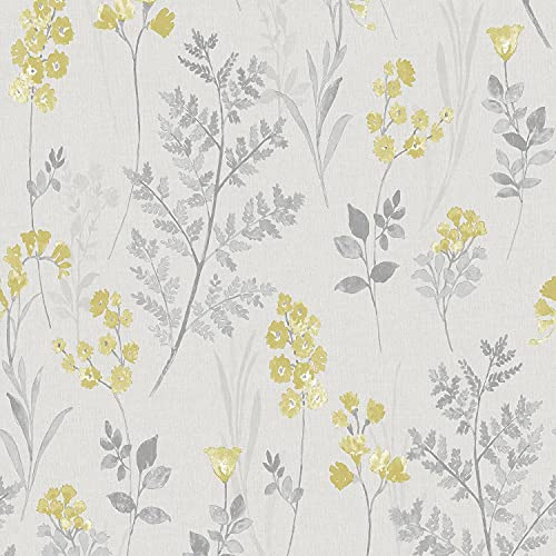 Pashley Wallpaper Floral Grey Yellow Flower Natural