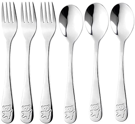 6 Piezas Cubiertos Acero Inoxidable, 3 Tenedores y 3 Cucharas, Juego de Cubiertos Personalizados para Uso en el Hogar y la Escuela(Oso, Plata)