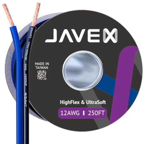 JAVEX Speaker Wire 12 AWG[3.38mm2x2] [Oxygen-Free Copper 99.9%] HighFlex Stranded Copper, Flat Cable Blue/Black, 76M