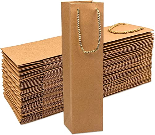 Sacchetti Regalo per Vino Premium Brown Kraft - 50 Pacchetti di Carta con Manici per Bottiglie, 3,7 x 3,5 x 13,8' - Sacchetti di Vendita al Dettaglio