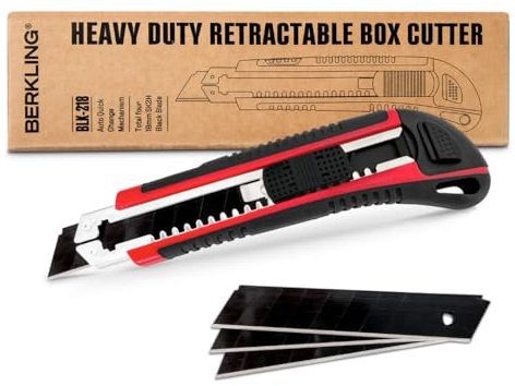 Berkling 18mm Retractable Utility Knife with 4x SK2H Snap Off Black Spare Blades (18mm 1 PACK)