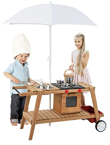 DREAMADE Cuisine d'Extérieur Enfants pour 3 Ans+ en Bois, Jeu d'Imitation Chariot avec Roues, Four, Robinet, Accessoires Inclus, Jouet Multifonctionnel 125x48x160 cm (avec Parasol)