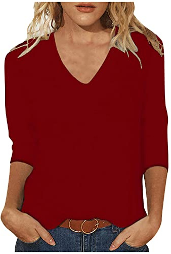 Hauts à manches 3/4 pour femme - Couleur unie - Col en V - Manches trois-quarts - Pour l'été - Tunique - Pour les vacances, les loisirs, la course, les adolescentes, les filles, le streetwear
