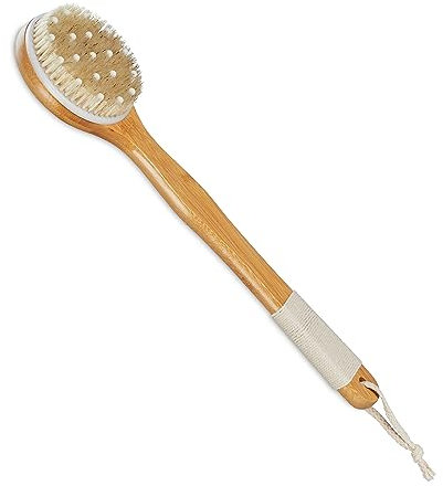 Relaxdays Rückenbürste, Duschbürste aus Bambus, langer Stiel, 41 cm, mit Noppen, zum Waschen und Massieren, natur/creme