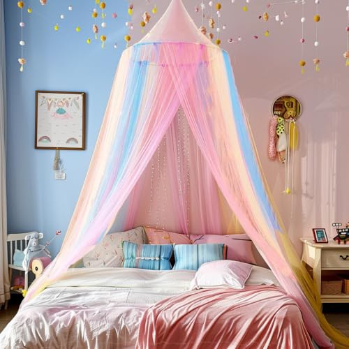 Comtelek Moustiquaire de lit pour filles, ciel de lit arc-en-ciel, rideaux de lit double, grand lit, à partir du plafond, moustiquaire en dôme, tente de lit jumeau, ciel de lit princesse pour lit king