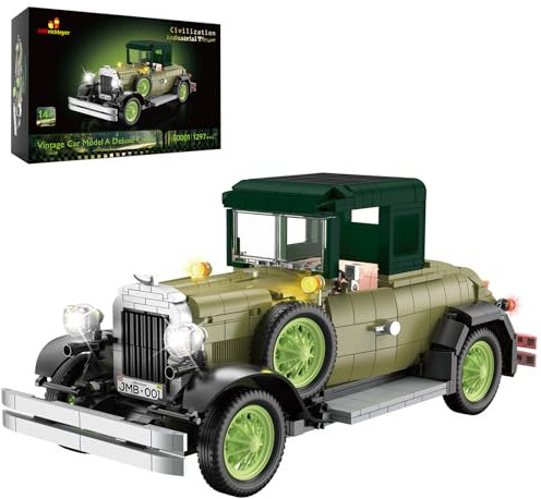 JMBricklayer Oldtimer Car Bausätze mit Lichtern 50001, Klassische Retro-Modellauto-Bausätze für Erwachsene, Antike Autos, Sammler-Display-Dekorationen, Bauspielzeug Geschenke für Männer (1297 PCS)