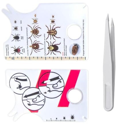 CWPFVQA 2 Stück Zeckenkarten, 1 Stück Kunststoffpinzette, Insektenfangkarte Mit Integrierter Lupe, Zeckenkarte Mit Skala, Zeckenfangset