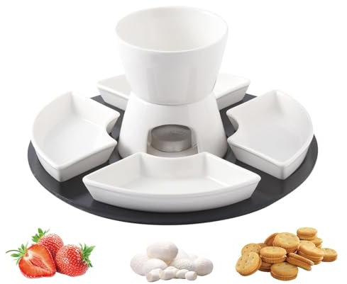 Service à fondue au chocolat en céramique blanche, avec fourchettes en acier inoxydable et 4 plats de service demi-lune, 300 ml