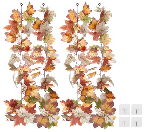 PATIKIL Höstgirlang 13 cm (5,7 fot) / del, 2-pack konstgjord höstlövskran, lönnlöv, hängande vinstockar, bladdekoration för hem, bröllop, öppen spis, fest, röd/gul/vit
