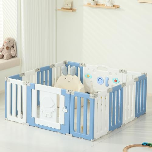 Federedo 14 Panels Baby Play Pen, Extra Large Baby Playpen, Foldable Astronauts Play Pens for Babies and Toddlers, Adjustable Portable Fence Gate Playpen Yard, Blue