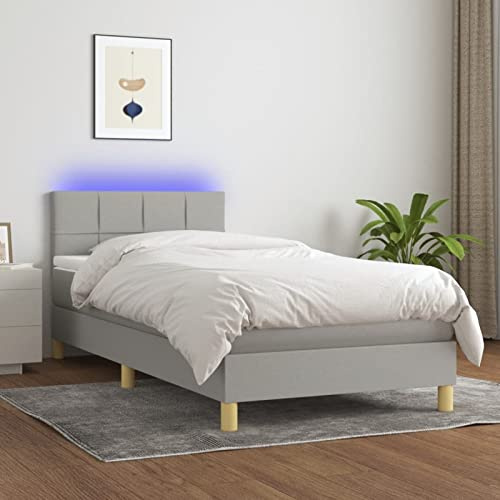 Gecheer Letto con Materasso a Molle Insacchettate e Striscia LED, Altezza Regolabile, Tessuto in Poliestere, Legno Massello di Larice, 100x200 cm, per Camera da Letto