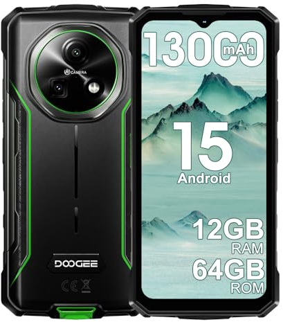 DOOGEE Fire 5 Rugged Smartphone, Batteria 13000mAh 10W 4G Android 15 Telefono Indistruttibile,6.6''HD+90Hz, 13MP+8MP AI Fotocamere Cellulare Antiurto, 12GB+64GB/2TB, IP68/NFC/OTG/3 slot (Verde)