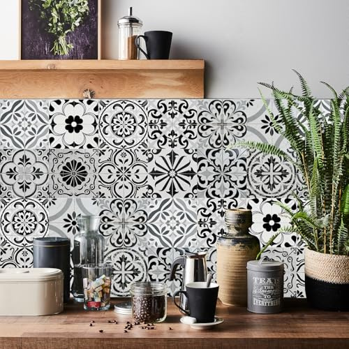 Tile Stickers for Kitchen 24 pcs Stick on Tiles Kitchen Bathroom Self | Adhesive Peel and Stick Wall Waterproof Oil-Proof (15cm x 15cm, 6x6 inches) for Floor Stairs Furniture(Black White)