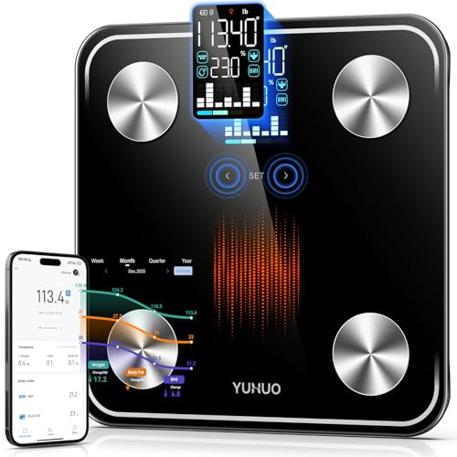 YUHUO Smart Scale for Body Weight, 4-Electrode BIA Body Composition Scale with High Precision, Large LED Display, Digital Bathroom Scale for BMI, Body Fat, Muscle Mass, 18 Metrics Sync APP, 400lb