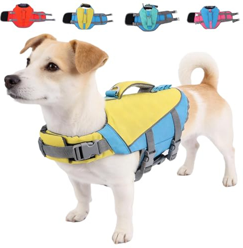 Giubbotto di salvataggio per cani, con manico di salvataggio e riflettente, di sicurezza, regolabile, per cani di medie e grandi dimensioni, pastore, bassotto, alano per sport acquatici (giallo, blu