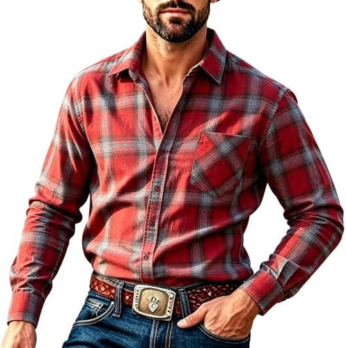 Mens Flannel Shirts Check Long Sleeve Lumberjack Tops with Chest Pocket | Plaid Casual Button Down Shirts, Classic Lapel Blouse, Lightweight Regular Fit Tshirt, Soft Comfort Shirt for Everyday Wear